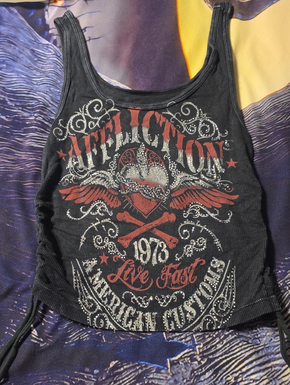 Affliction Black Ribbed Tank with Red and Silver Graphic